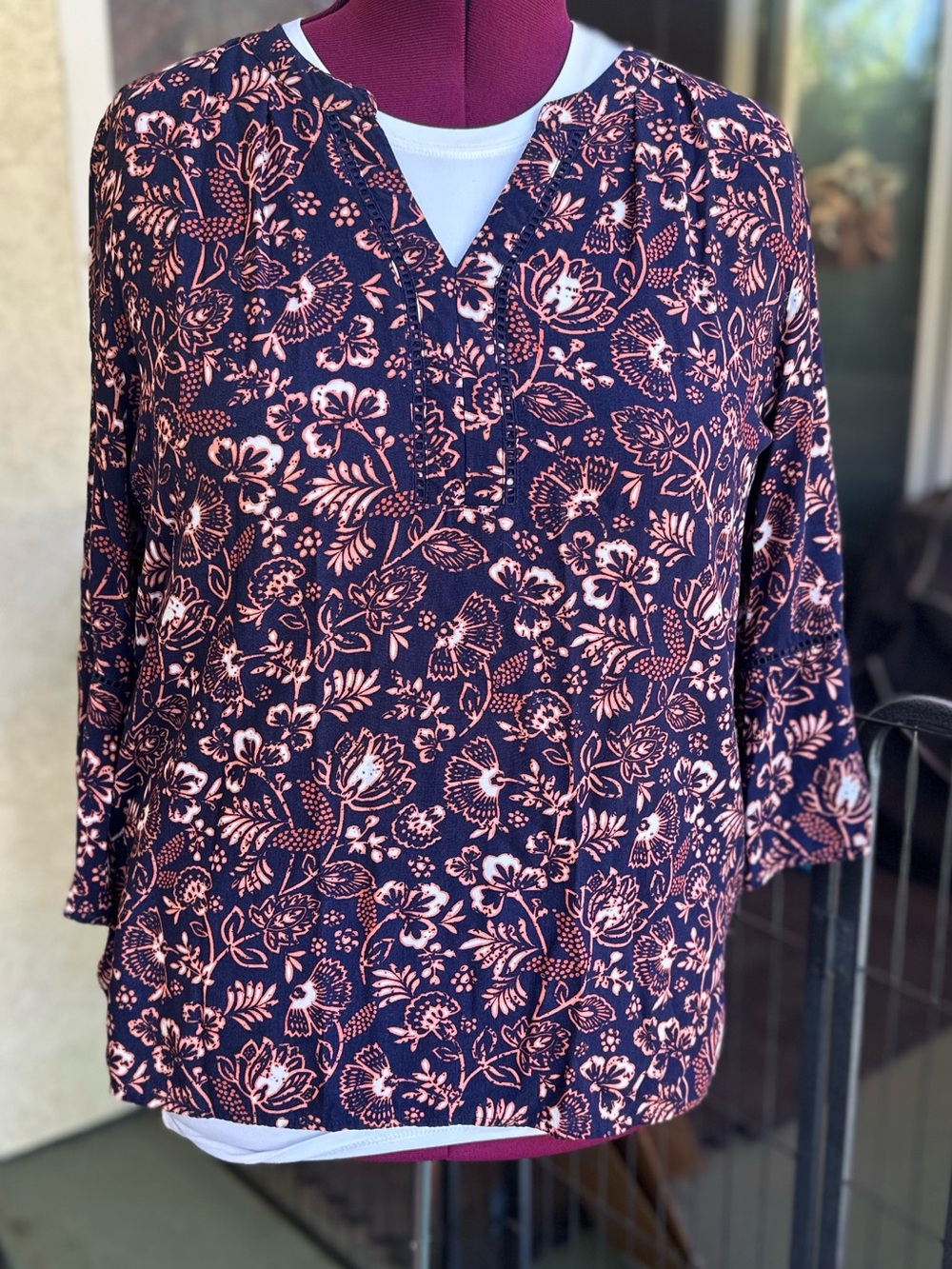 Gloria Vanderbilt Navy Top with Floral Print